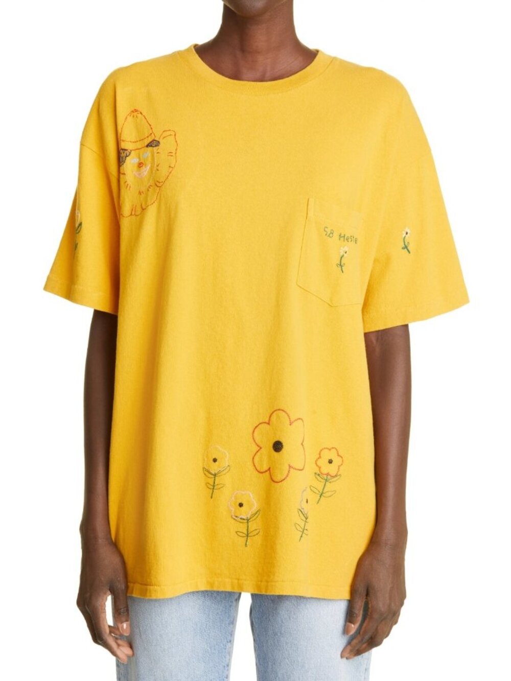 Bode 58 Hester Garden Women's Floral Embroidered Tee Top T-Shirt Yellow Size XS